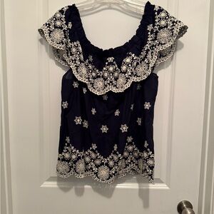 Maurices Navy Blue Blouse with White Embroidery